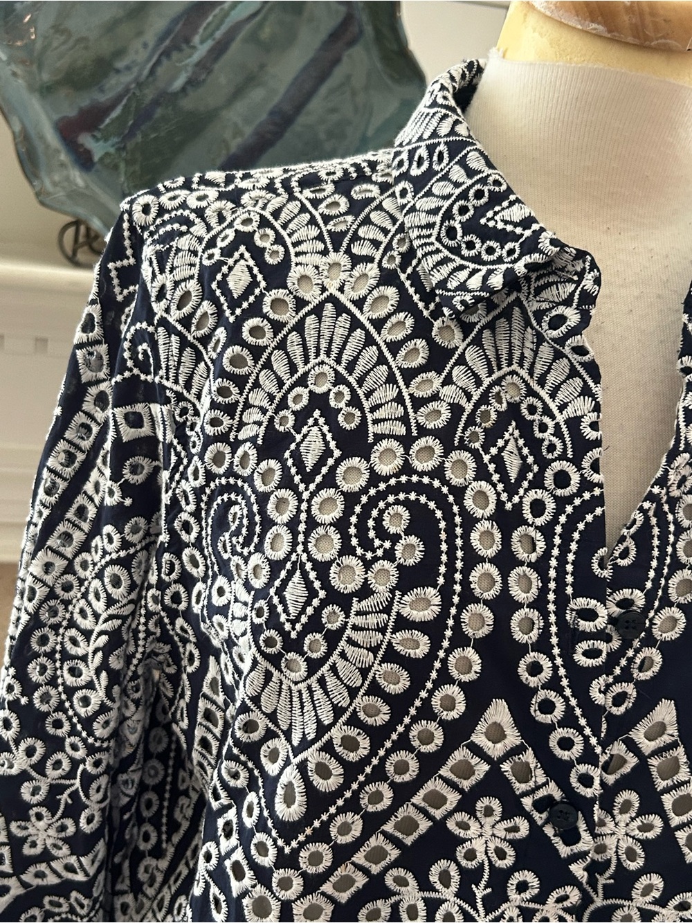 Chico's Navy and White Eyelet-Print Billowy Button Shirt - Picture 4 of 12